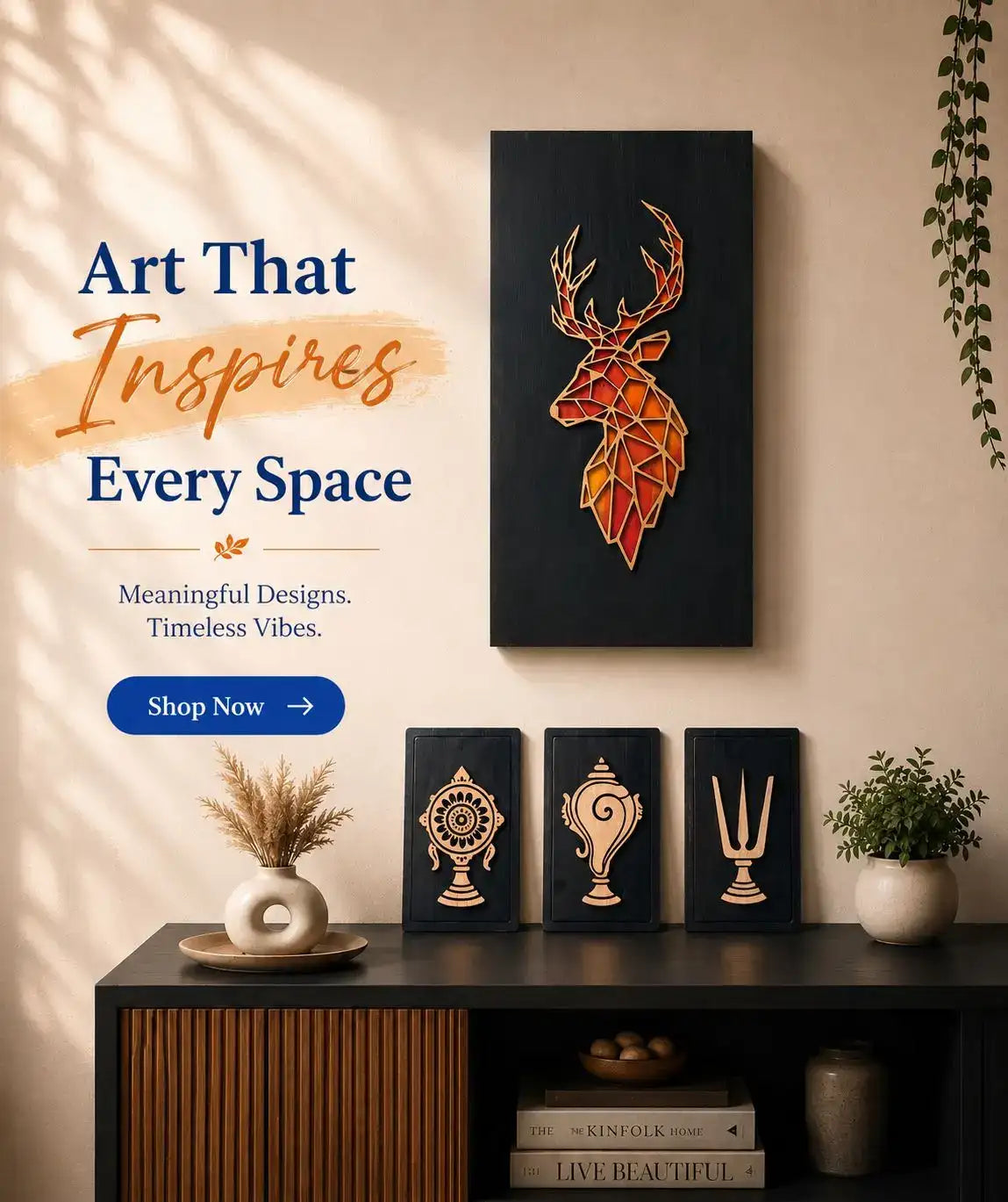 A geometrically cut, layered wooden deer head art piece with a gradient of warm orange and red tones mounted on a black canvas.
