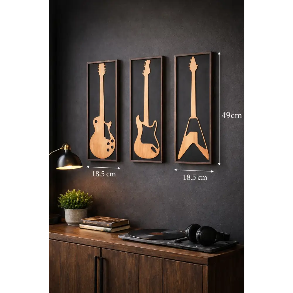 Guitar Raag – Handcrafted Wooden Guitar Wall Art (Set of 3) | Wall decor - 49 cm x 18.5 cm / MDF Wood - Wall hanging
