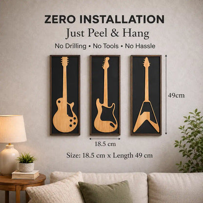 Three guitar-shaped wall art pieces on a wall with text indicating 'Zero Installation' and 'Just Peel & Hang'.