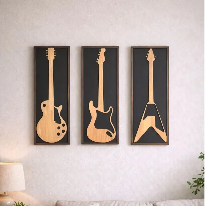 Guitar Raag – Handcrafted Wooden Guitar Wall Art (Set of 3) | Wall decor - 49 cm x 18.5 cm / MDF Wood - Wall hanging
