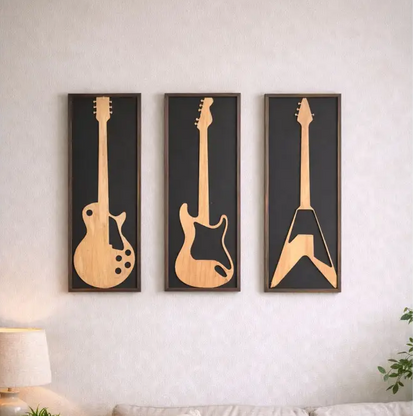 Guitar Raag – Handcrafted Wooden Guitar Wall Art (Set of 3) | Wall decor - 49 cm x 18.5 cm / MDF Wood - Wall hanging