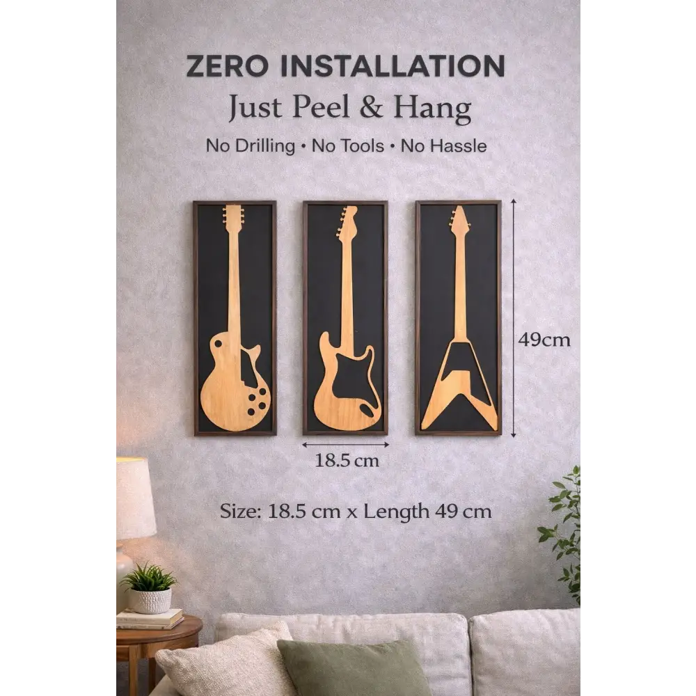 Guitar Raag – Handcrafted Wooden Guitar Wall Art (Set of 3) | Wall decor - 49 cm x 18.5 cm / MDF Wood - Wall hanging