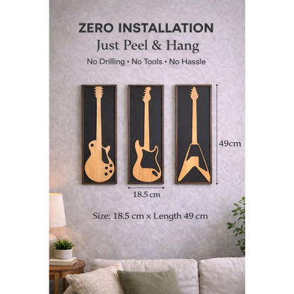 Guitar Raag – Handcrafted Wooden Guitar Wall Art (Set of 3) | Wall decor - 49 cm x 18.5 cm / MDF Wood - Wall hanging