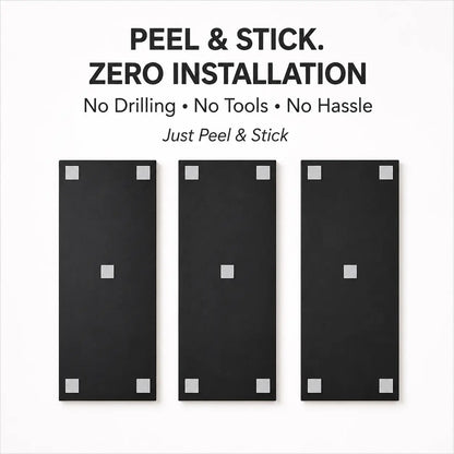 Three black peel and stick panels with text indicating zero installation.