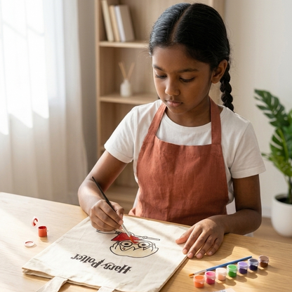 Young girl painting a tote bag with art supplies on a wooden table.