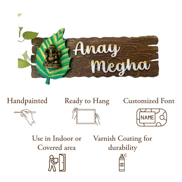 Leaf Ganesha Wooden Effect Nameplate - nameplate