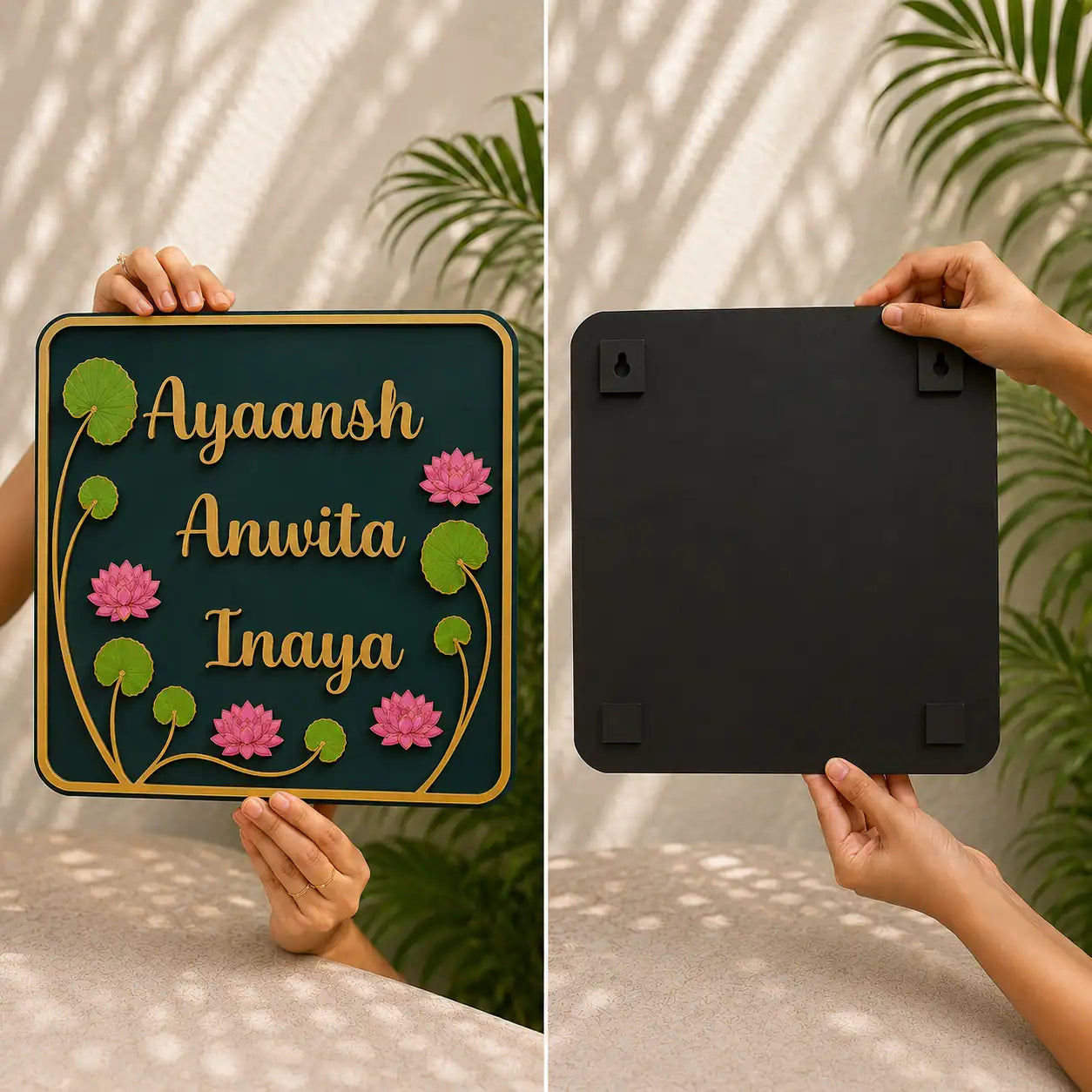 Two images showing a decorative sign with personalized names and a plain black sign.