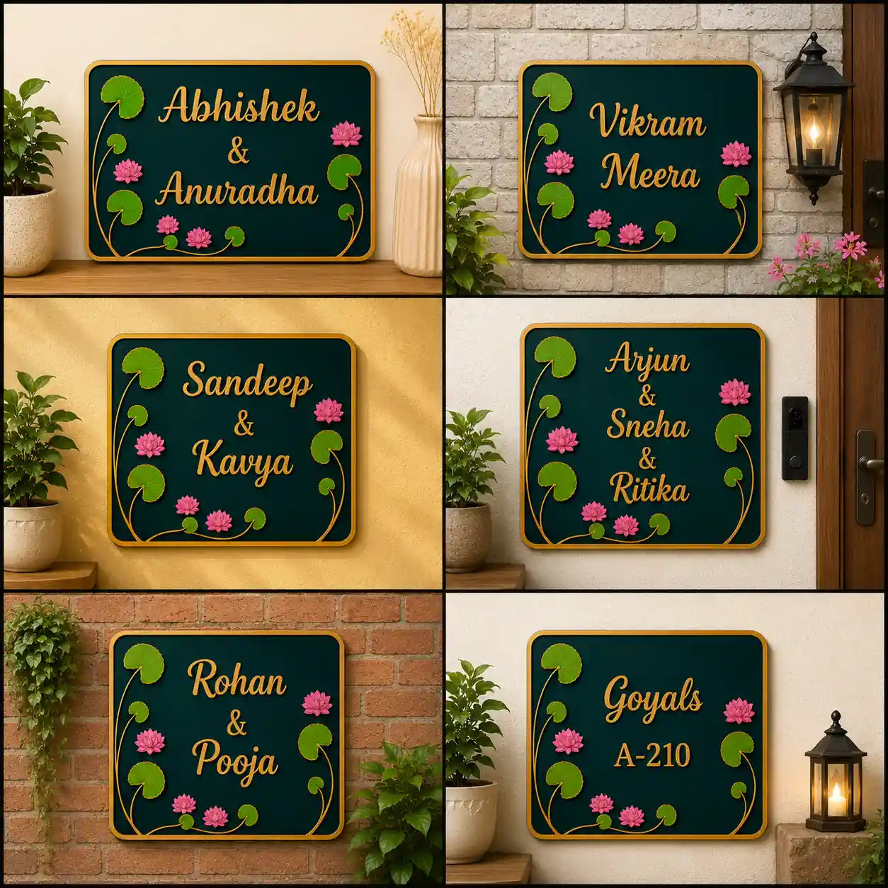 Collage of decorative nameplates with floral designs on a wall.