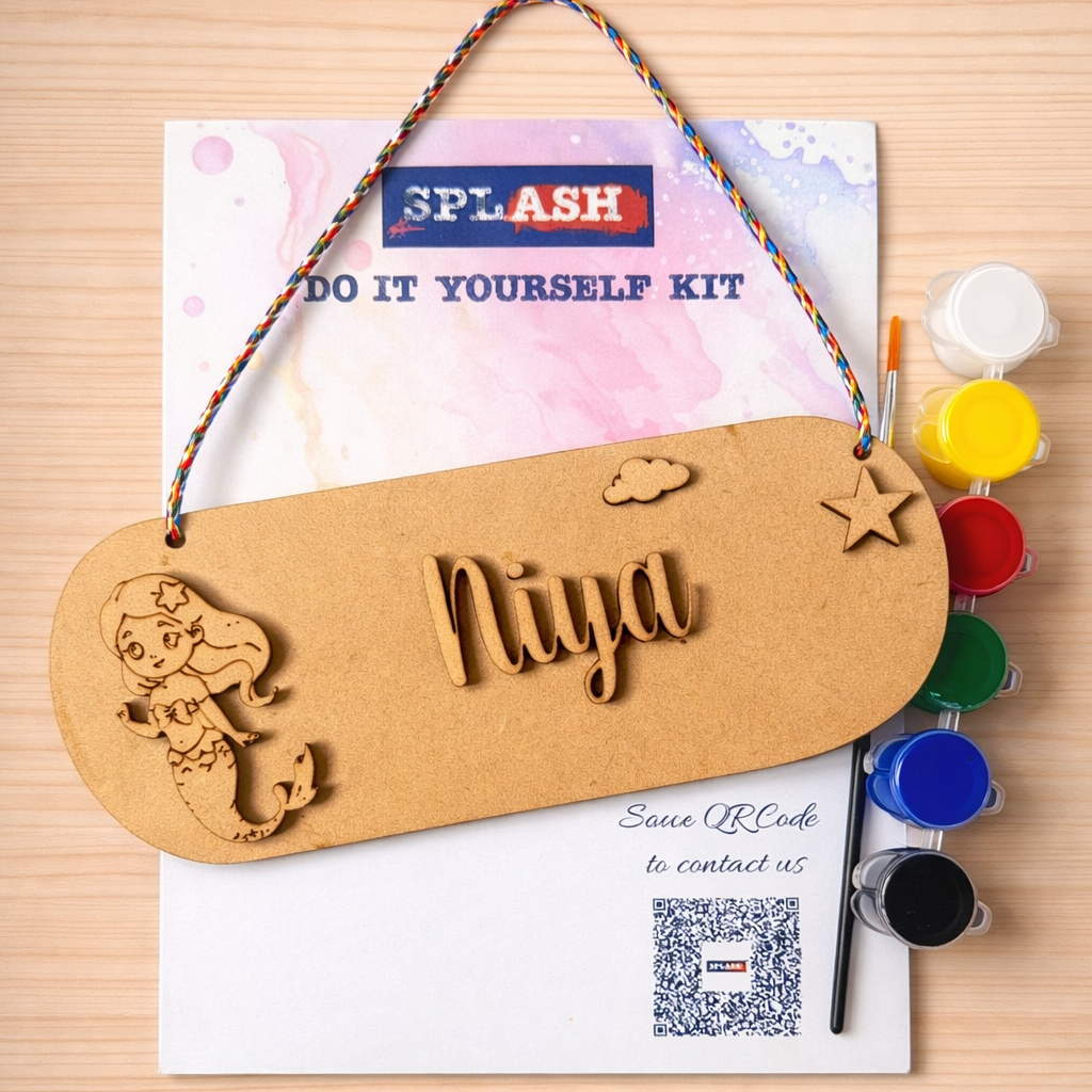 Mermaid theme personalised nameplate DIY kit for kids with paint colors and brush perfect for birthday return gifts