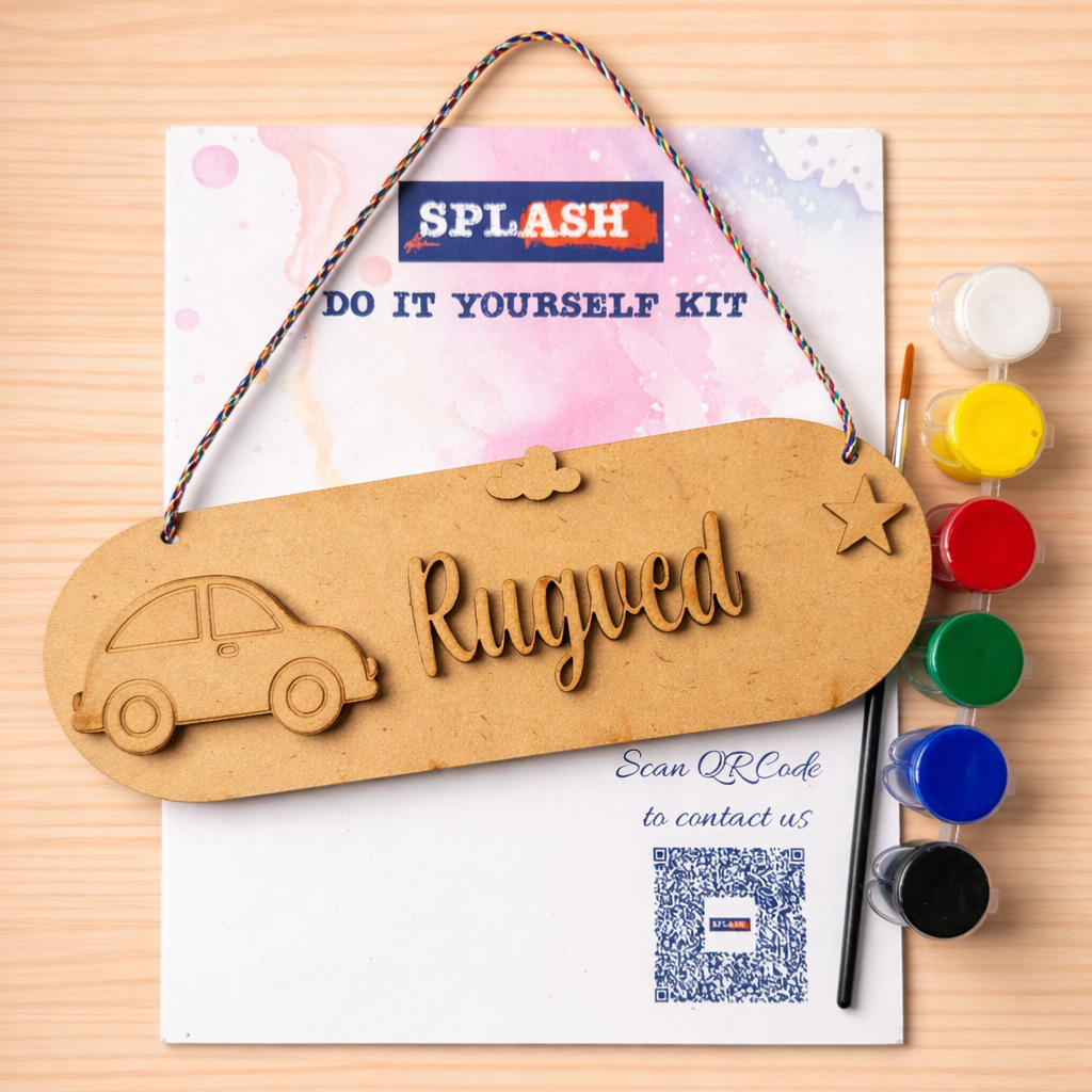 Car theme personalised nameplate DIY kit for kids with paint colors and brush perfect for birthday return gifts