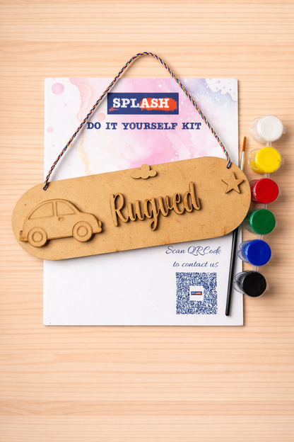 Car theme personalised nameplate DIY kit for kids with paint colors and brush perfect for birthday return gifts
