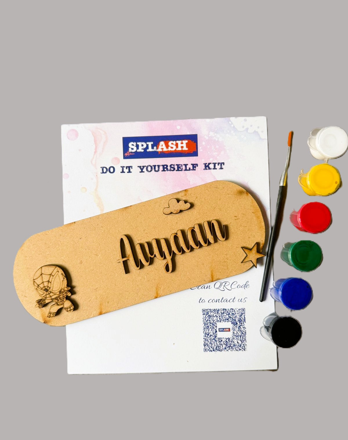 Spiderman theme personalised nameplate DIY kit for kids with paint colors and brush perfect for birthday return gifts