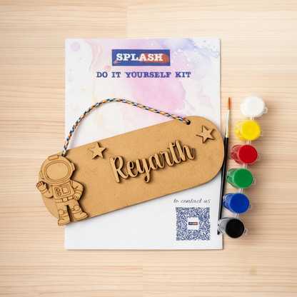 Space themed personalised nameplate DIY kit for kids with paint colors and brush perfect for birthday return gifts