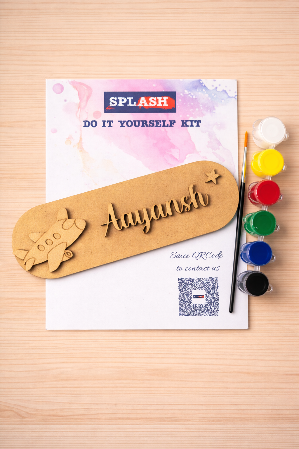Aeroplane theme personalised nameplate DIY kit for kids with paint colors and brush perfect for birthday return gift.