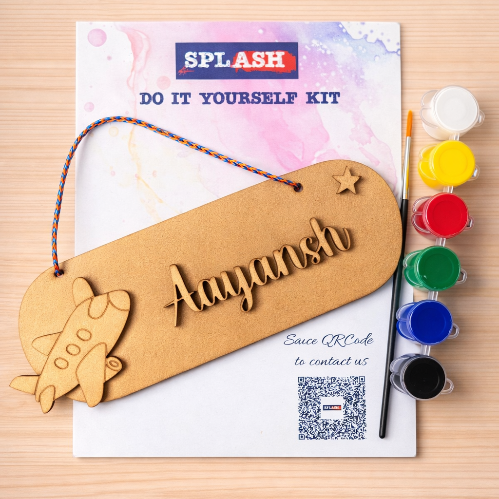 Aeroplane theme personalised nameplate DIY kit for kids with paint colors and brush perfect for birthday return gift.
