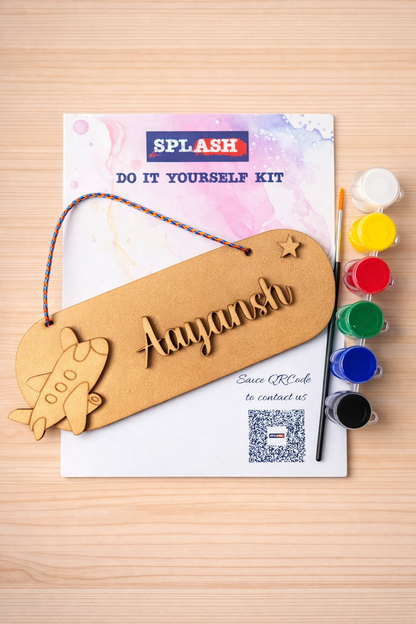 Aeroplane theme personalised nameplate DIY kit for kids with paint colors and brush perfect for birthday return gift.