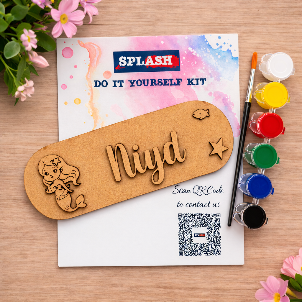 Mermaid theme personalised nameplate DIY kit for kids with paint colors and brush perfect for birthday return gifts