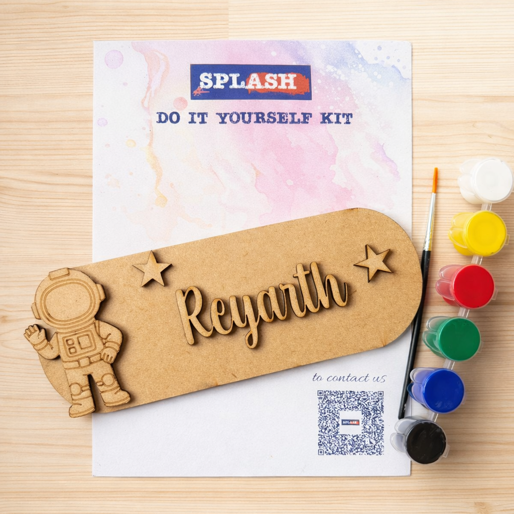 Astronaut nameplate DIY kit for kids, personalized paint your own wooden name board, space theme creative activity, perfect birthday return gift.