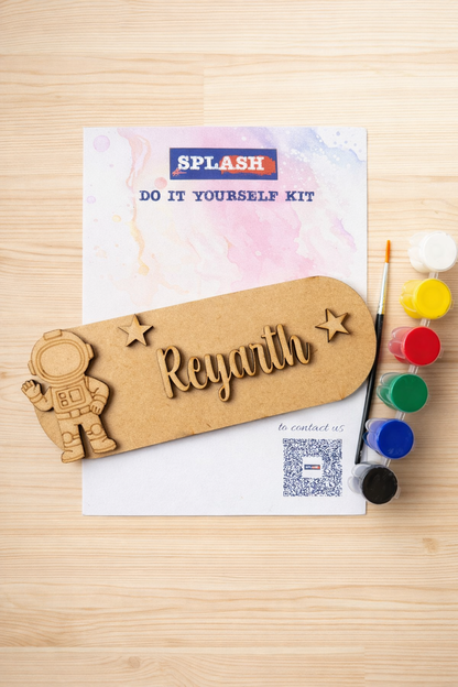 Astronaut nameplate DIY kit for kids, personalized paint your own wooden name board, space theme creative activity, perfect birthday return gift.