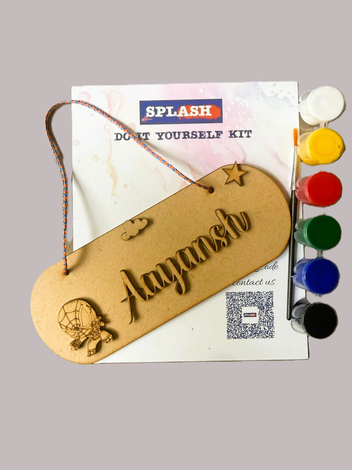 Spiderman theme personalised nameplate DIY kit for kids with paint colors and brush perfect for birthday return gifts