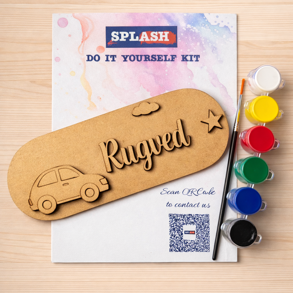 Car theme personalised nameplate DIY kit for kids with paint colors and brush perfect for birthday return gifts