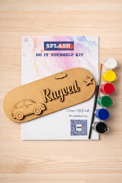 Car theme personalised nameplate DIY kit for kids with paint colors and brush perfect for birthday return gifts