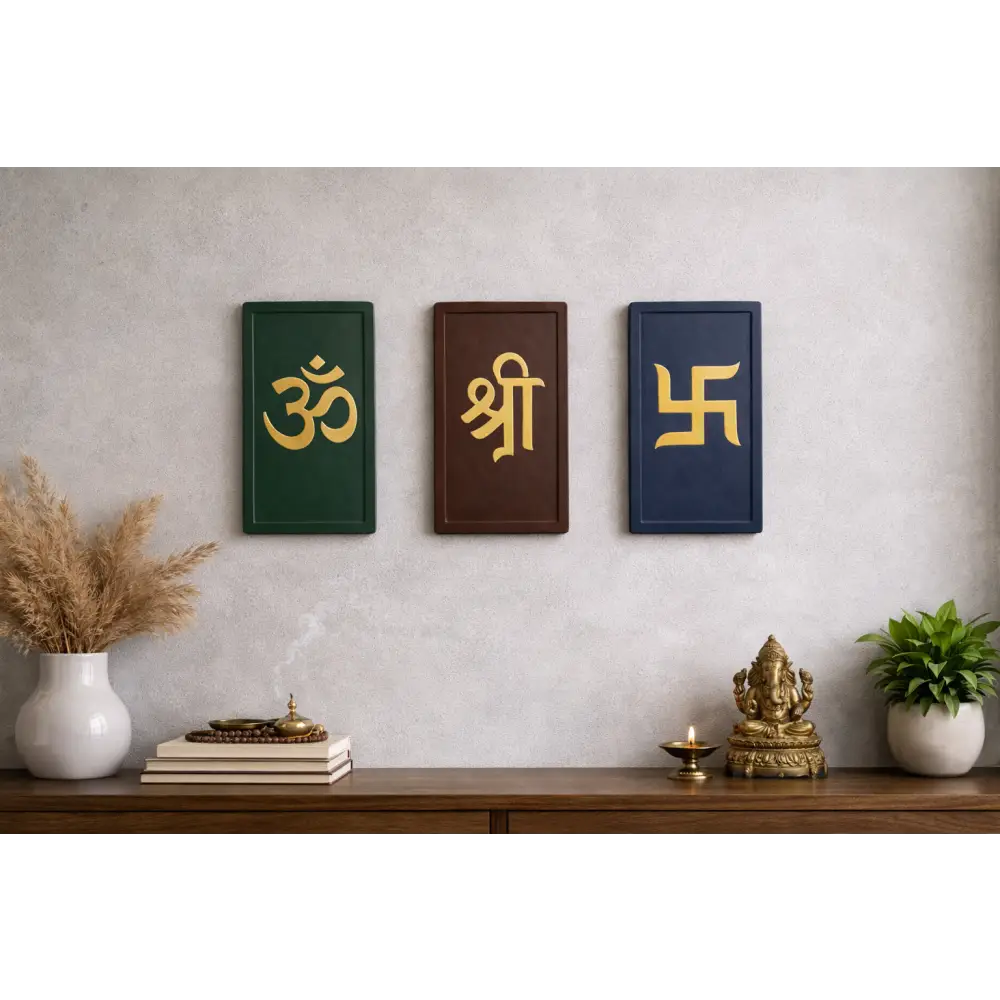 Om Shree Swastik – Modern Spiritual Wall Art (Set of 3) I Wall Decor - Multicolor / Rectangle - Wall hanging