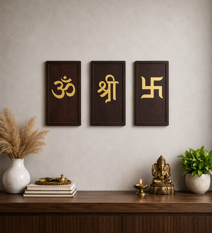 Om Shree Swastik – Modern Spiritual Wall Art (Set of 3) I Wall Decor - Wall hanging