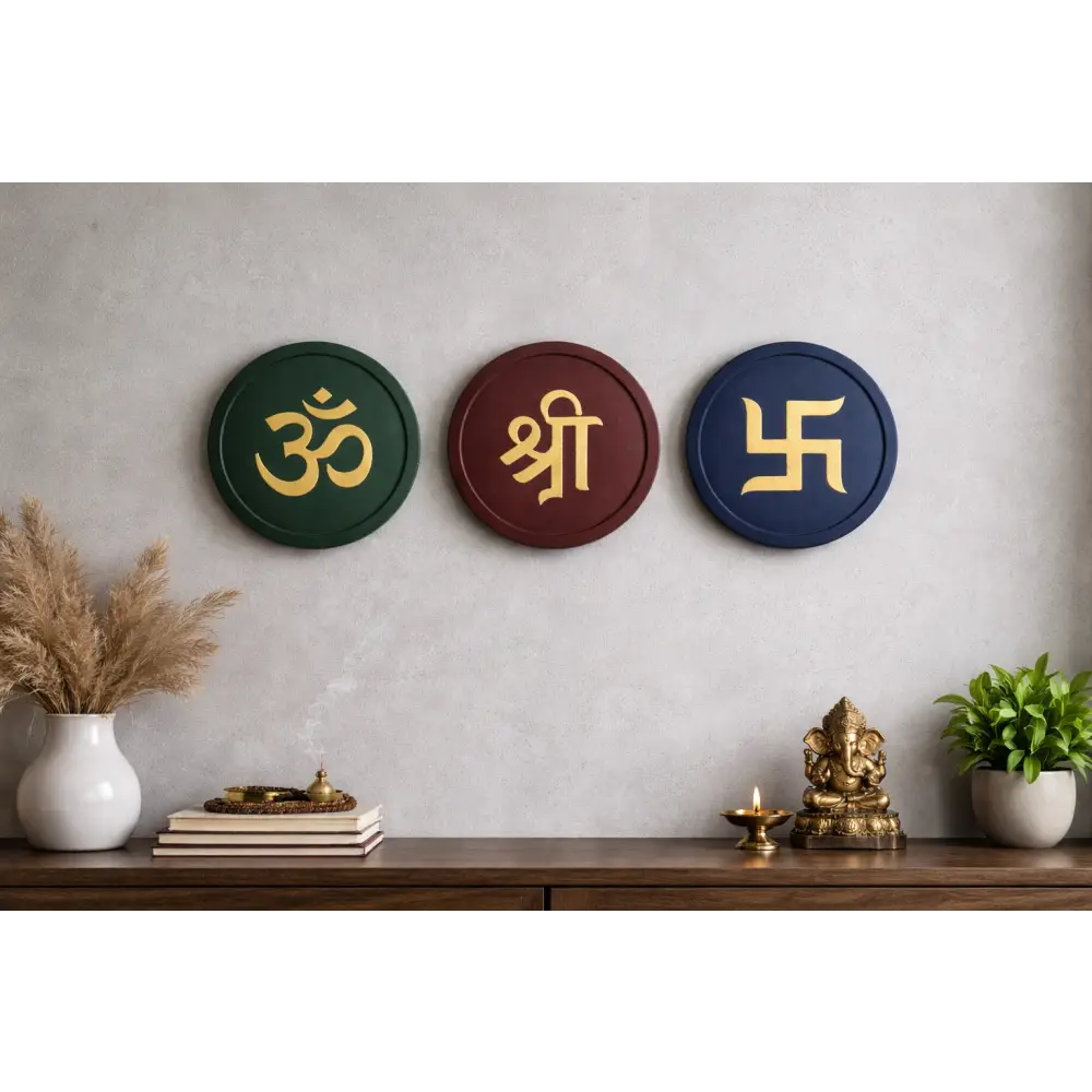 Om Shree Swastik – Modern Spiritual Wall Art (Set of 3) I Wall Decor - Multicolor / Circle - Wall hanging