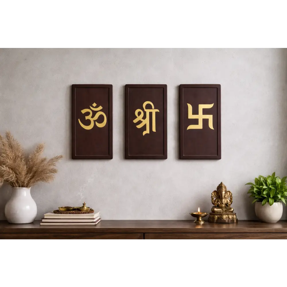 Om Shree Swastik – Modern Spiritual Wall Art (Set of 3) I Wall Decor - Brown / Rectangle - Wall hanging