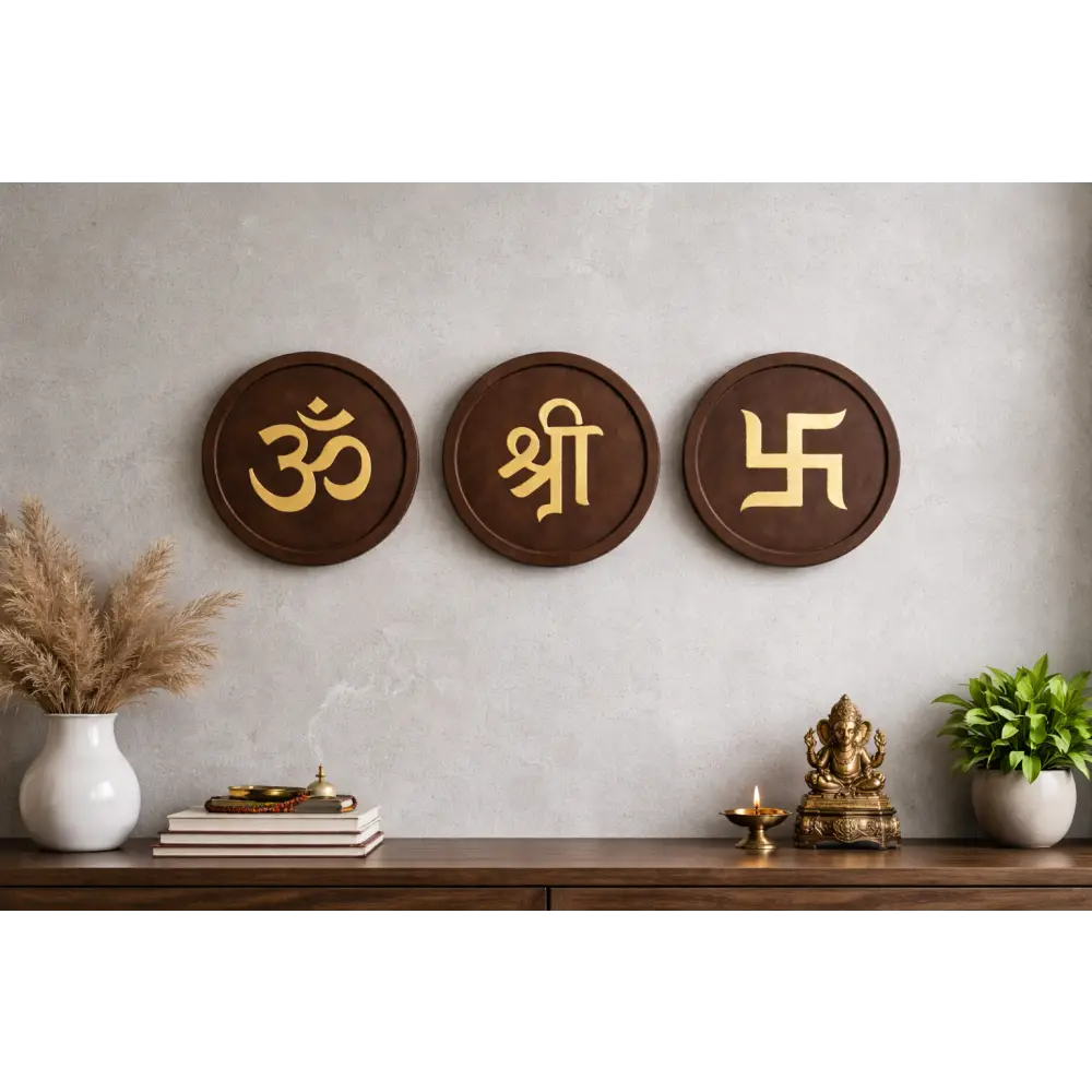 Om Shree Swastik – Modern Spiritual Wall Art (Set of 3) I Wall Decor - Brown / Circle - Wall hanging