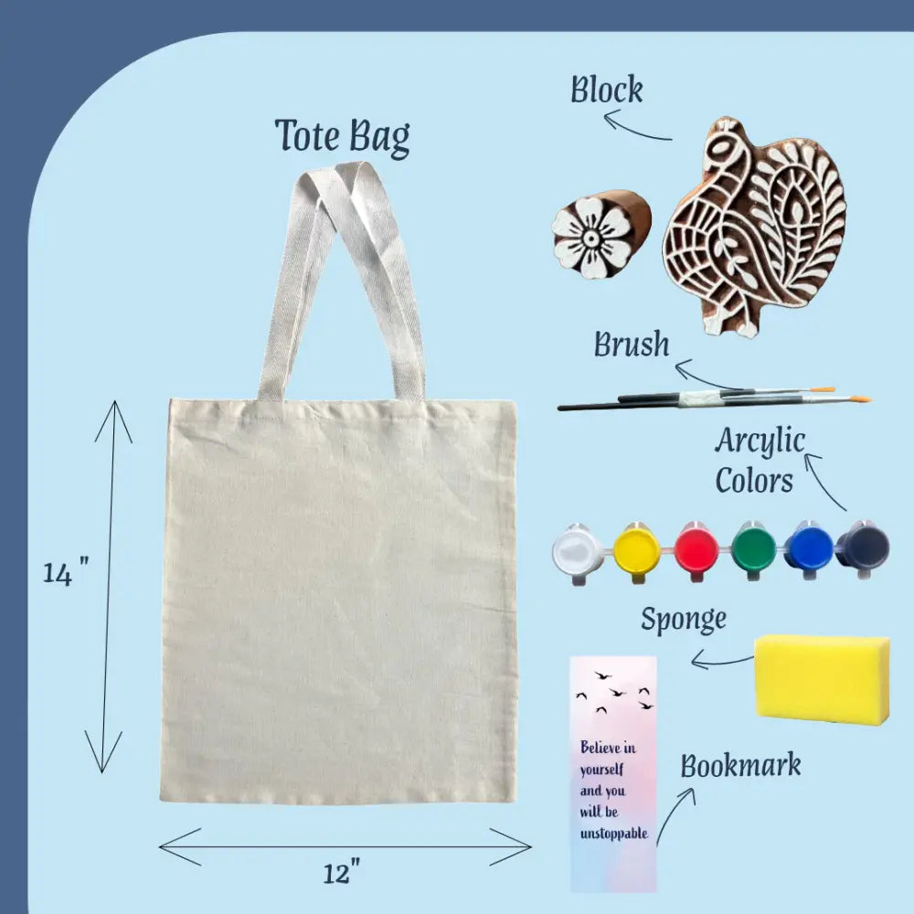 Peacock & Flower Block Painting DIY Kit |Paint Your Own Tote Bag | SPLASH DIY by Splash Arts - indianart