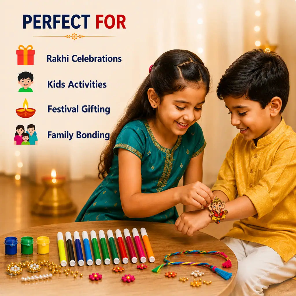 A boy and a girl sitting together at a wooden table, applying a decorative wrist ornament. The scene includes colorful thread-wrapped bracelets, beads, and a warm festive background with candles and string lights.