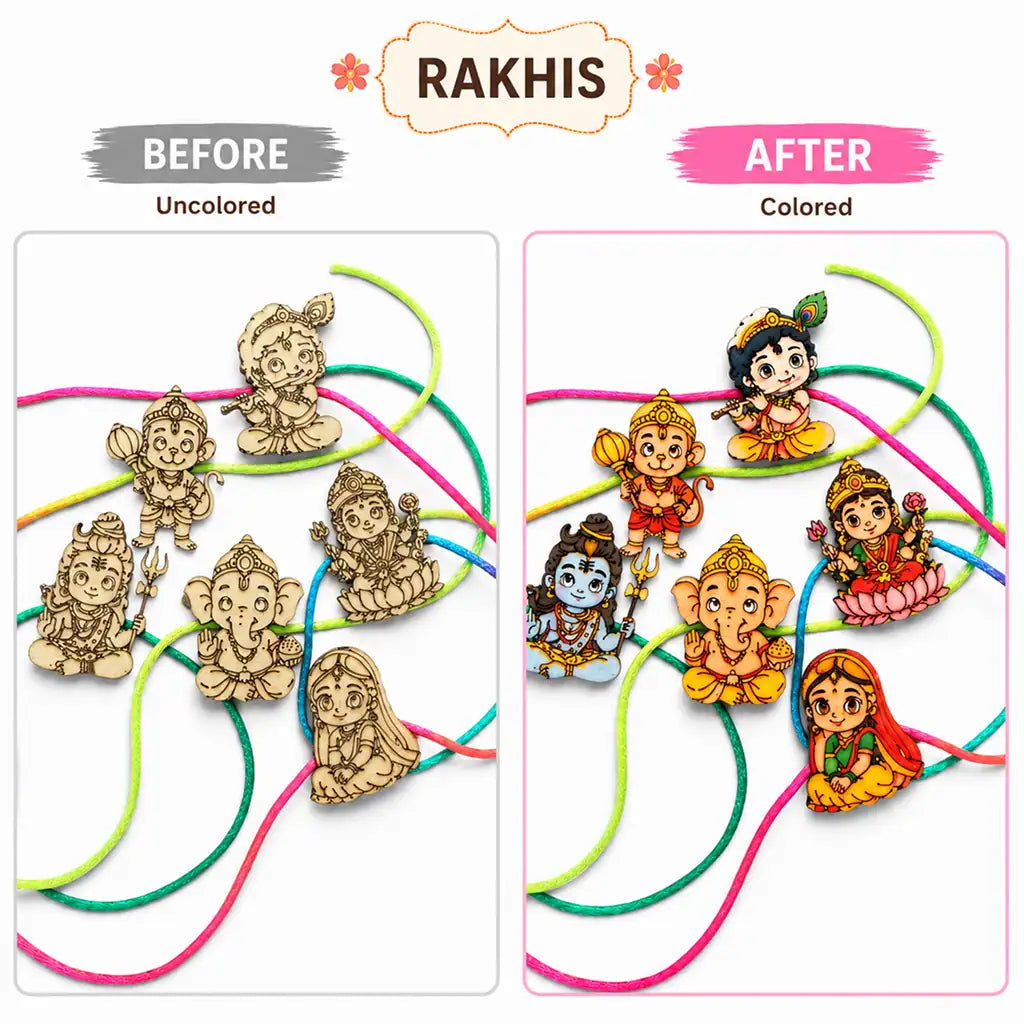 A before-and-after comparison showing wooden Rangoli decorative pieces. The left panel, labeled 'BEFORE Uncolored,' shows the natural light wood pieces.