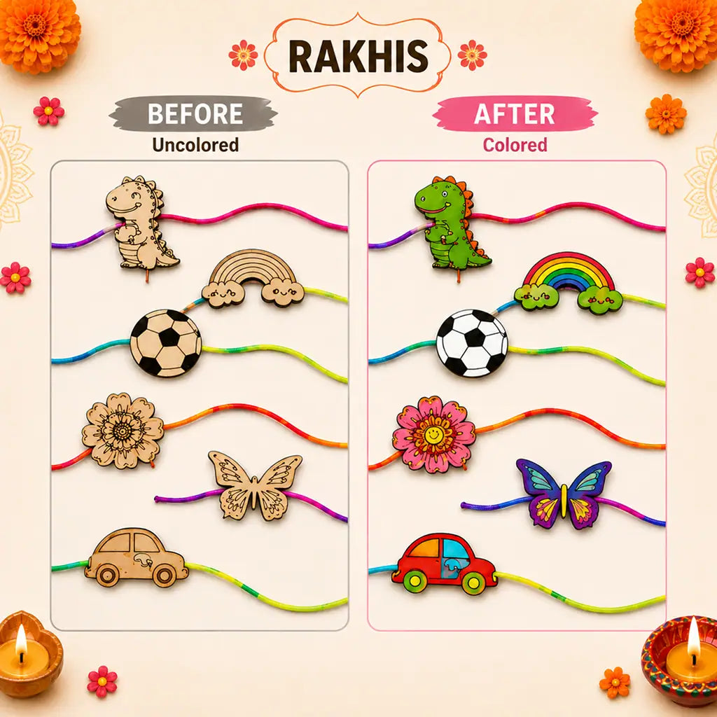 A before-and-after comparison graphic for a children's wooden bead set labeled 'RAKHIS'. The left side shows the natural, uncolored wood beads, and the right side shows them colored with bright rainbow accents.