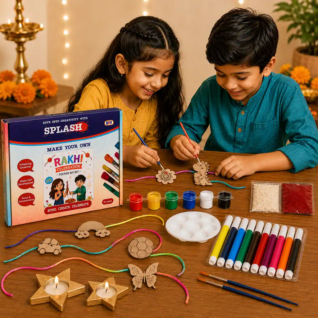 Two children sitting at a wooden table creating wooden Rakhi bracelets with colorful threads, paint pots, markers, and the product packaging box 'SPLASH Rakhi Creation Kit'.