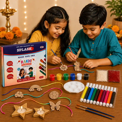 Two children sitting at a wooden table creating wooden Rakhi bracelets with colorful threads, paint pots, markers, and the product packaging box 'SPLASH Rakhi Creation Kit'.