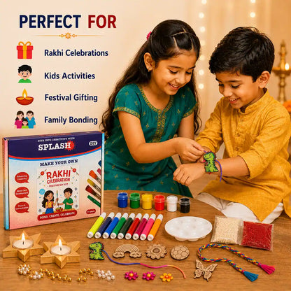 A children's Rakhi craft kit displayed on a table with two kids wearing colorful braided wristbands, alongside the product box and craft supplies. The scene includes promotional text on the left listing benefits for Rakhi celebrations, kids activities, festival gifting, and family bonding.