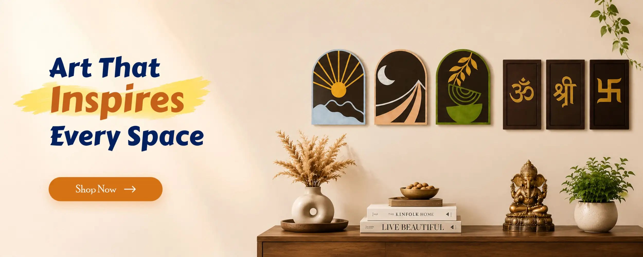 Set of five arched wooden wall art panels featuring sun, moon, leaf, and spiritual symbols in earthy tones.