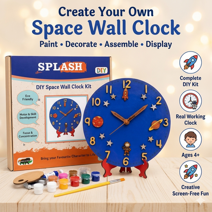 Splash DIY space wall clock kit with clock, paint, and tools on a wooden surface.