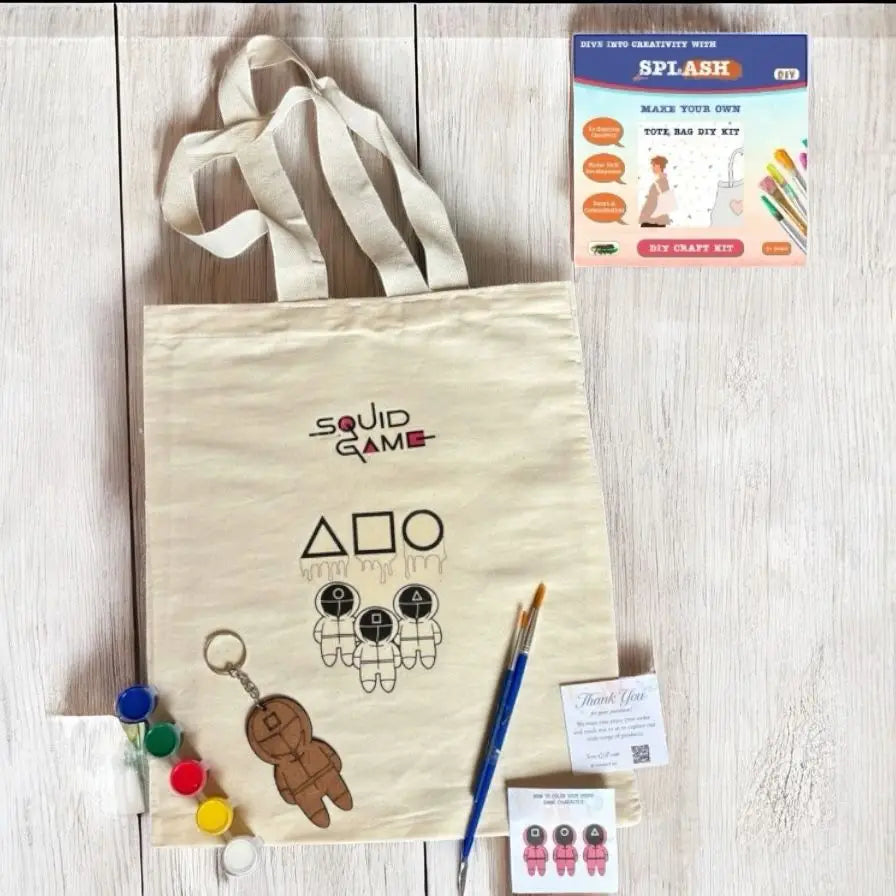 Squid Game tote bag painting and fridge magnet DIY kit with colors and art tools for kids