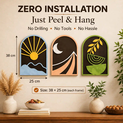 Three decorative wall frames with a sun, moon, and leaf design on a wall with text indicating 'Zero Installation' and 'Just Peel & Hang'.