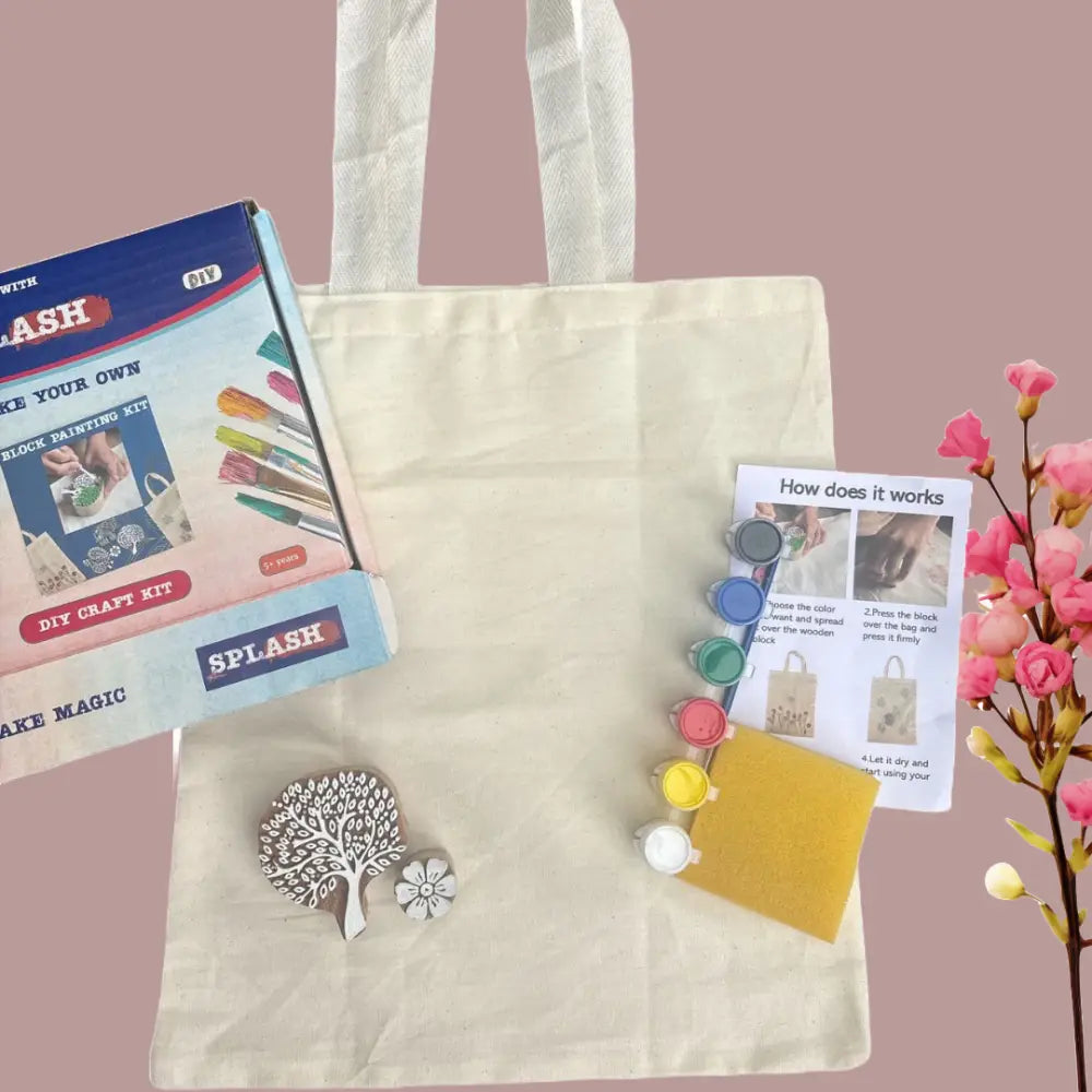 Tree & Flower Block Painting DIY Kit with Tote Bag | Paint Your Own Wooden Blocks & Tote Bag | SPLASH DIY by Splash