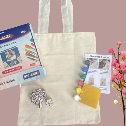 Tree & Flower Block Painting DIY Kit with Tote Bag | Paint Your Own Wooden Blocks & Tote Bag | SPLASH DIY by Splash