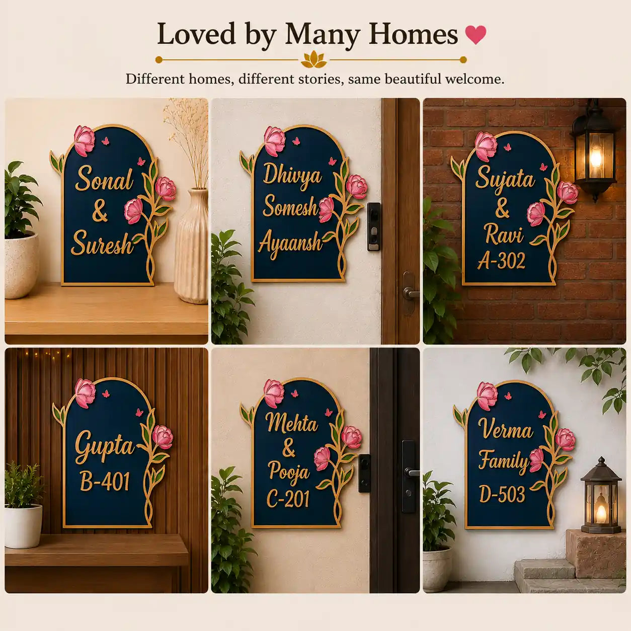 Decorative nameplates with floral designs on a neutral background, featuring text like 'Sonal & Suresh' and 'Gupta B-401'.