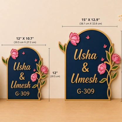 Two decorative signs with floral designs and names 'Usha & Umesh' on a beige background.