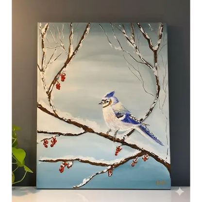 Winter Blue Jay Serenity – Textured Winter Bird Art(Original) - paintings