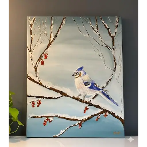 Winter Blue Jay Serenity – Textured Winter Bird Art(Original) - paintings