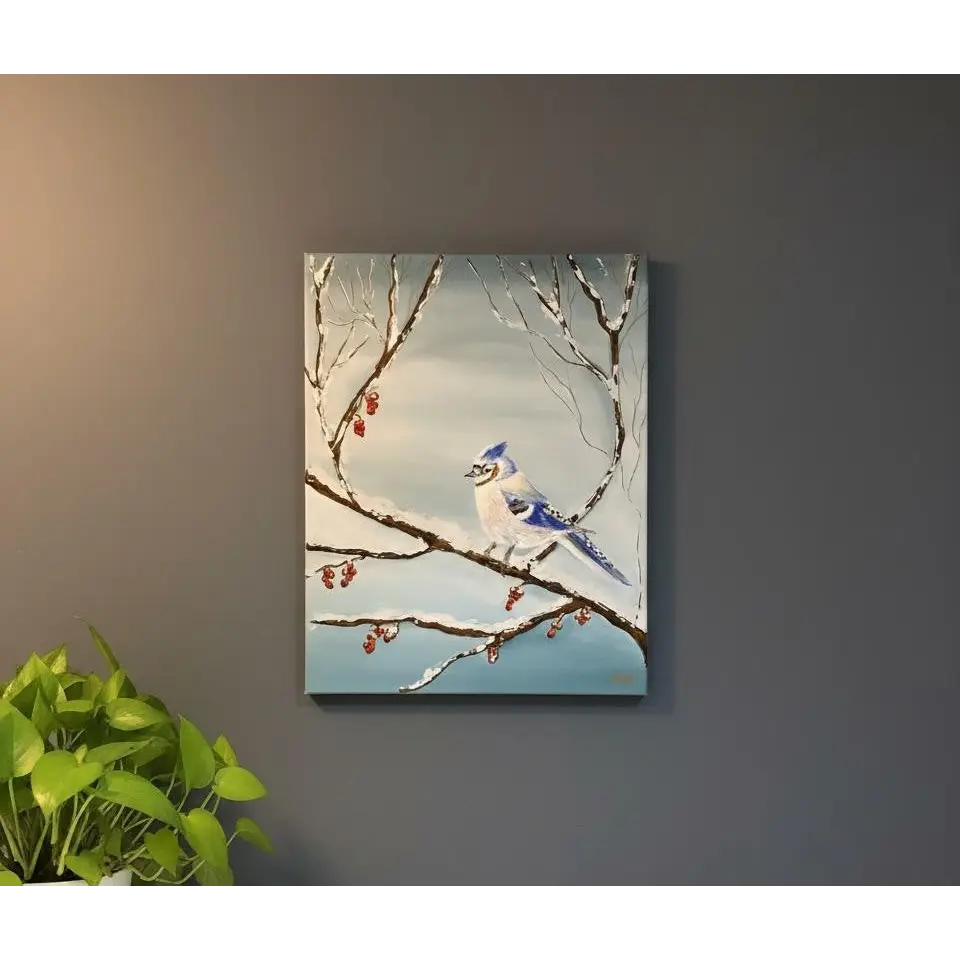 Winter Blue Jay Serenity – Textured Winter Bird Art(Original) - paintings