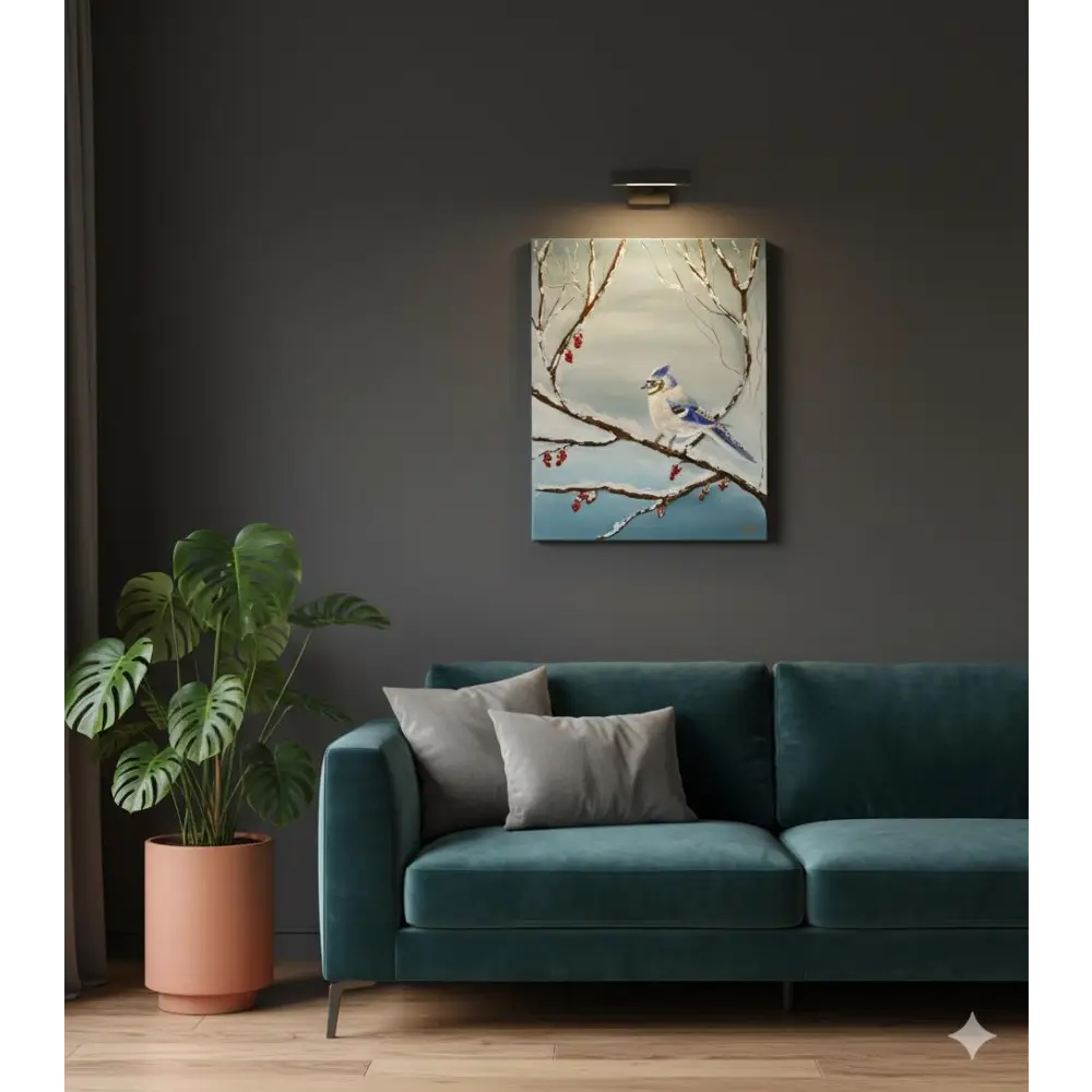 Winter Blue Jay Serenity – Textured Winter Bird Art(Original) - paintings